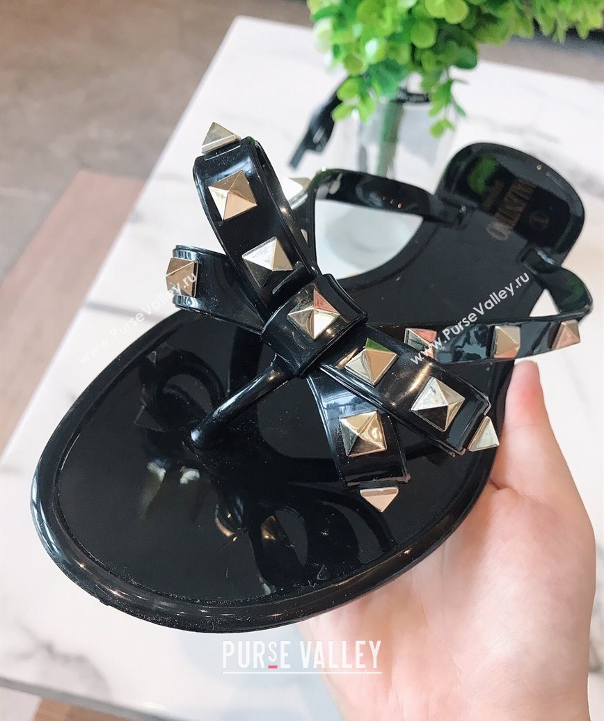 Valentino Rockstud Rubber Flat Slides Sandal with Bow Black 2025 0711 (GDX-250711045)