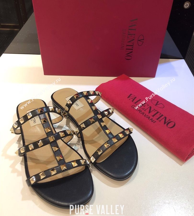 Valentino Classic Rockstud Flat Slides Sandal in Calfskin Leather Black 2025 0711 (XL-250711053)