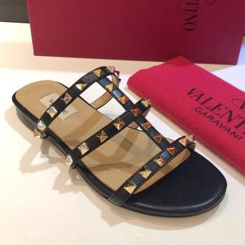 Valentino Classic Rockstud Flat Slides Sandal in Calfskin Leather Black 2025 0711 (XL-250711053)