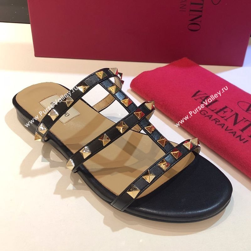 Valentino Classic Rockstud Flat Slides Sandal in Calfskin Leather Black 2025 0711 (XL-250711053)