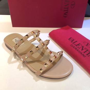 Valentino Classic Rockstud Flat Slides Sandal in Calfskin Leather Nude 2025 0711 (XL-250711054)