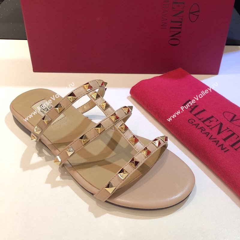 Valentino Classic Rockstud Flat Slides Sandal in Calfskin Leather Nude 2025 0711 (XL-250711054)
