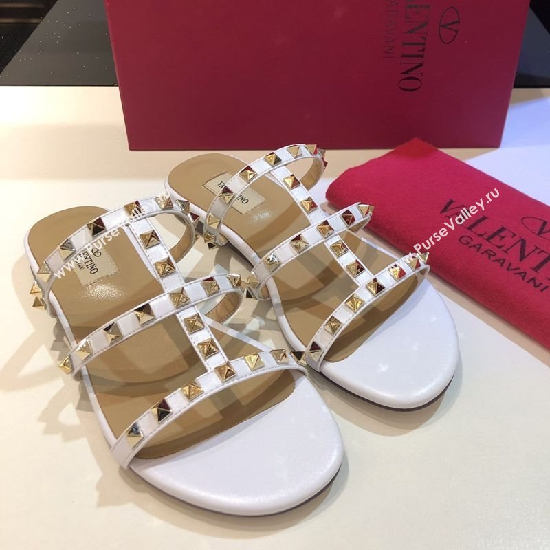 Valentino Classic Rockstud Flat Slides Sandal in Calfskin Leather White 2025 0711 (XL-250711055)