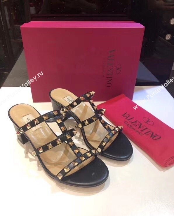 Valentino Classic Rockstud Heel Slides Sandal 6.5cm in Calfskin Leather Black 2025 0711 (XL-250711058)