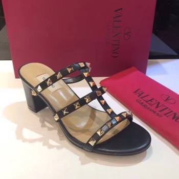 Valentino Classic Rockstud Heel Slides Sandal 6.5cm in Calfskin Leather Black 2025 0711 (XL-250711058)