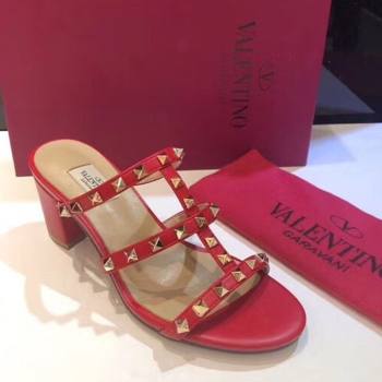 Valentino Classic Rockstud Heel Slides Sandal 6.5cm in Calfskin Leather Red 2025 0711 (XL-250711059)