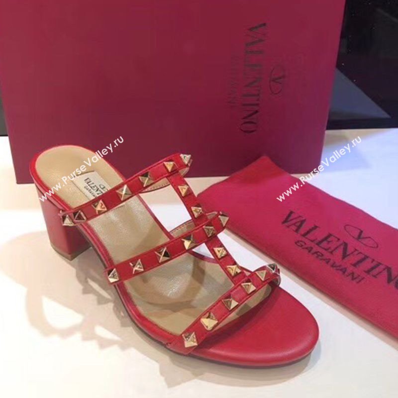 Valentino Classic Rockstud Heel Slides Sandal 6.5cm in Calfskin Leather Red 2025 0711 (XL-250711059)