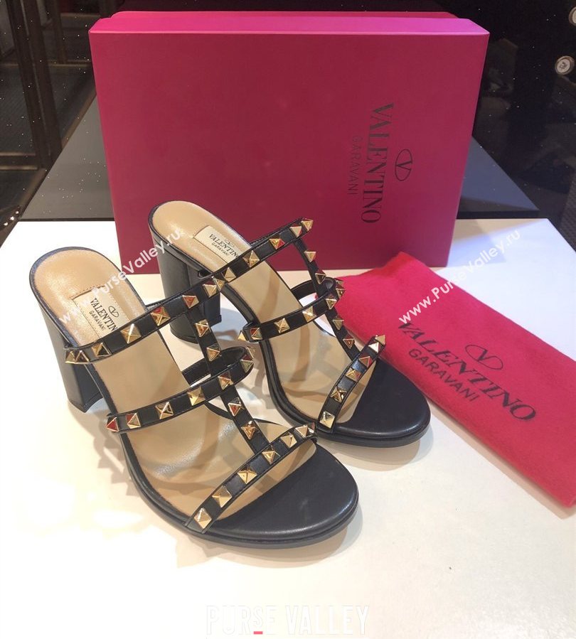 Valentino Classic Rockstud Heel Slides Sandal 9.5cm in Calfskin Leather Black 2025 0711 (XL-250711062)