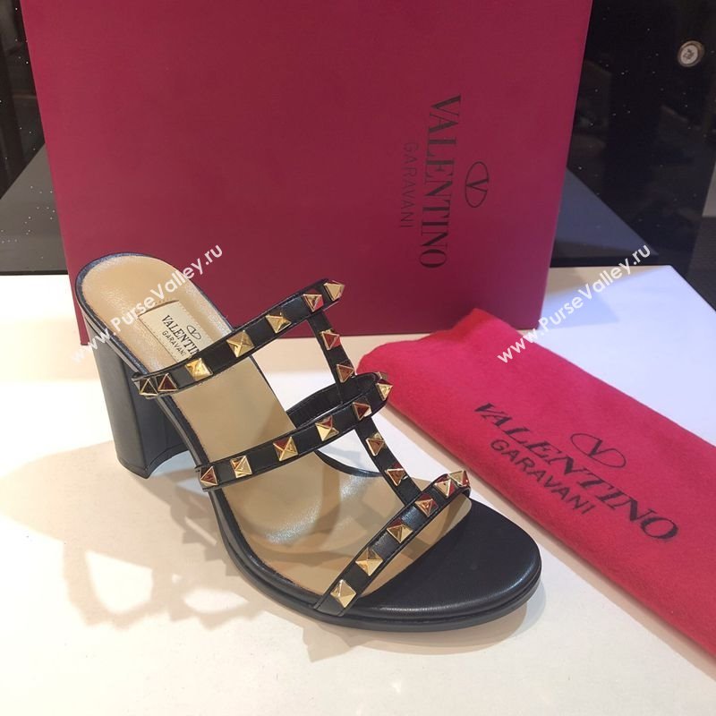 Valentino Classic Rockstud Heel Slides Sandal 9.5cm in Calfskin Leather Black 2025 0711 (XL-250711062)