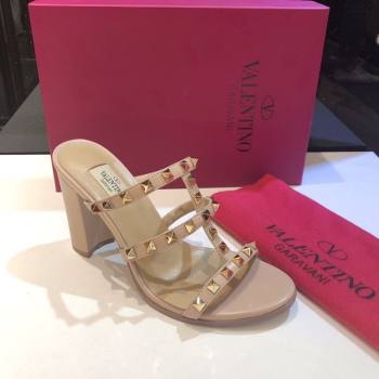 Valentino Classic Rockstud Heel Slides Sandal 9.5cm in Calfskin Leather Nude 2025 0711 (XL-250711063)