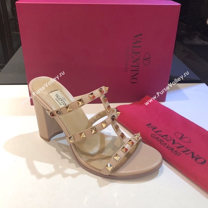 Valentino Classic Rockstud Heel Slides Sandal 9.5cm in Calfskin Leather Nude 2025 0711 (XL-250711063)
