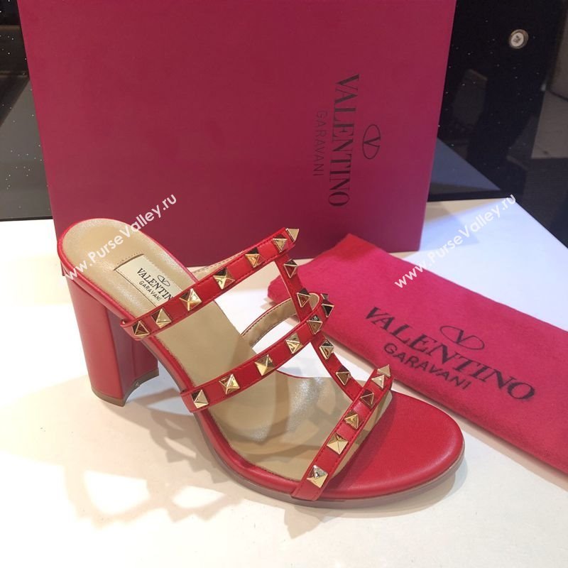 Valentino Classic Rockstud Heel Slides Sandal 9.5cm in Calfskin Leather Red 2025 0711 (XL-250711064)
