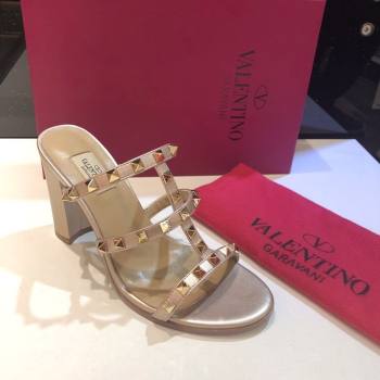 Valentino Classic Rockstud Heel Slides Sandal 9.5cm in Calfskin Leather Gold 2025 0711 (XL-250711065)