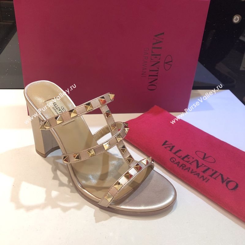 Valentino Classic Rockstud Heel Slides Sandal 9.5cm in Calfskin Leather Gold 2025 0711 (XL-250711065)