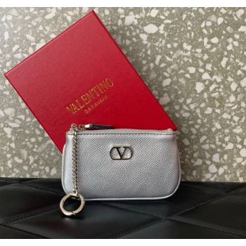 Valentino Vlogo Signature Grainy Calfskin Key Ring Pouch Silver 2025 VLTN038 (LKF-250805018)