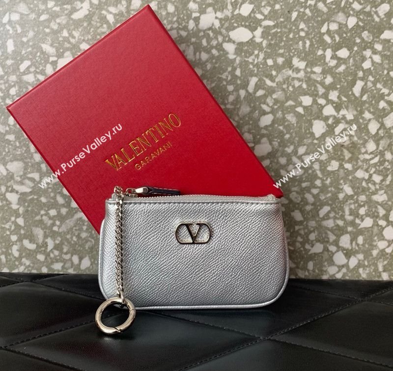 Valentino Vlogo Signature Grainy Calfskin Key Ring Pouch Silver 2025 VLTN038 (LKF-250805018)