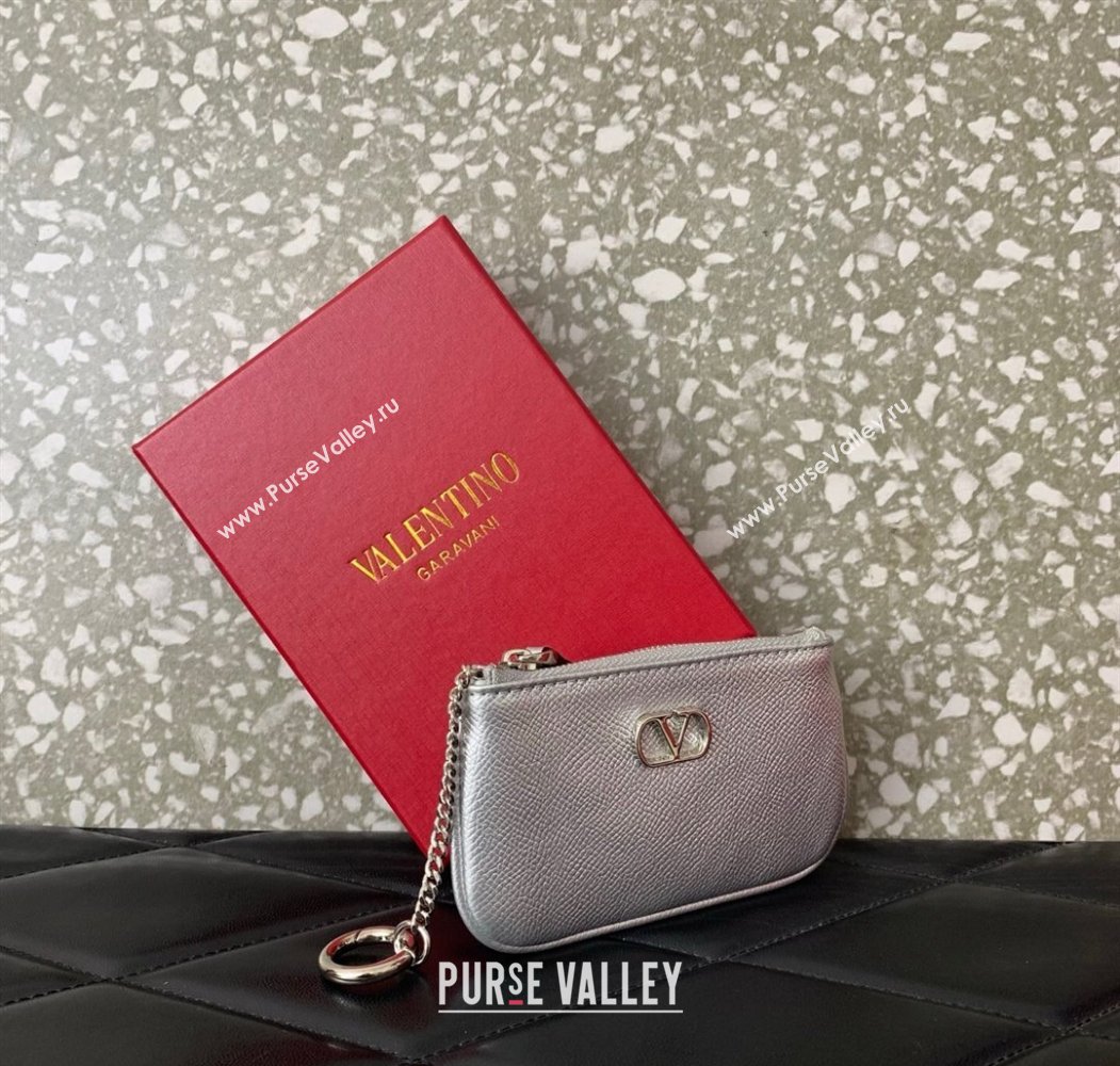 Valentino Vlogo Signature Grainy Calfskin Key Ring Pouch Silver 2025 VLTN038 (LKF-250805018)