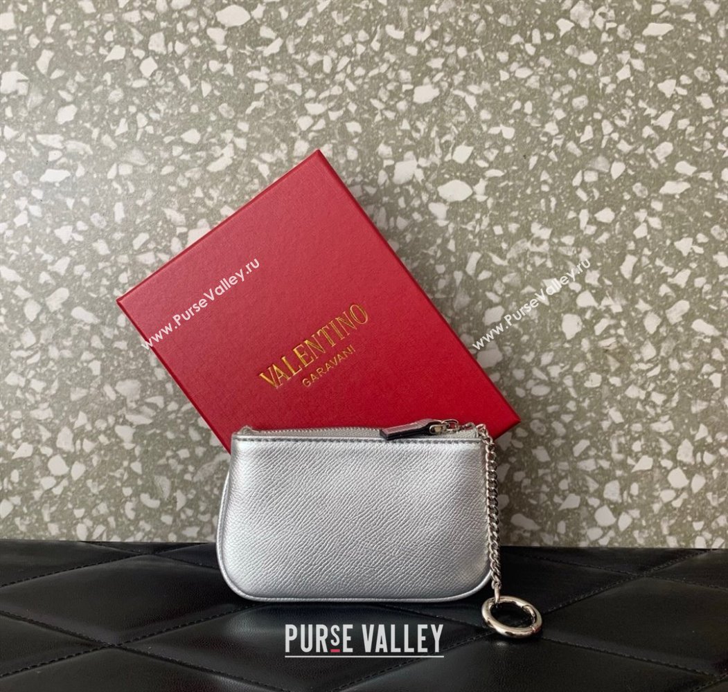 Valentino Vlogo Signature Grainy Calfskin Key Ring Pouch Silver 2025 VLTN038 (LKF-250805018)