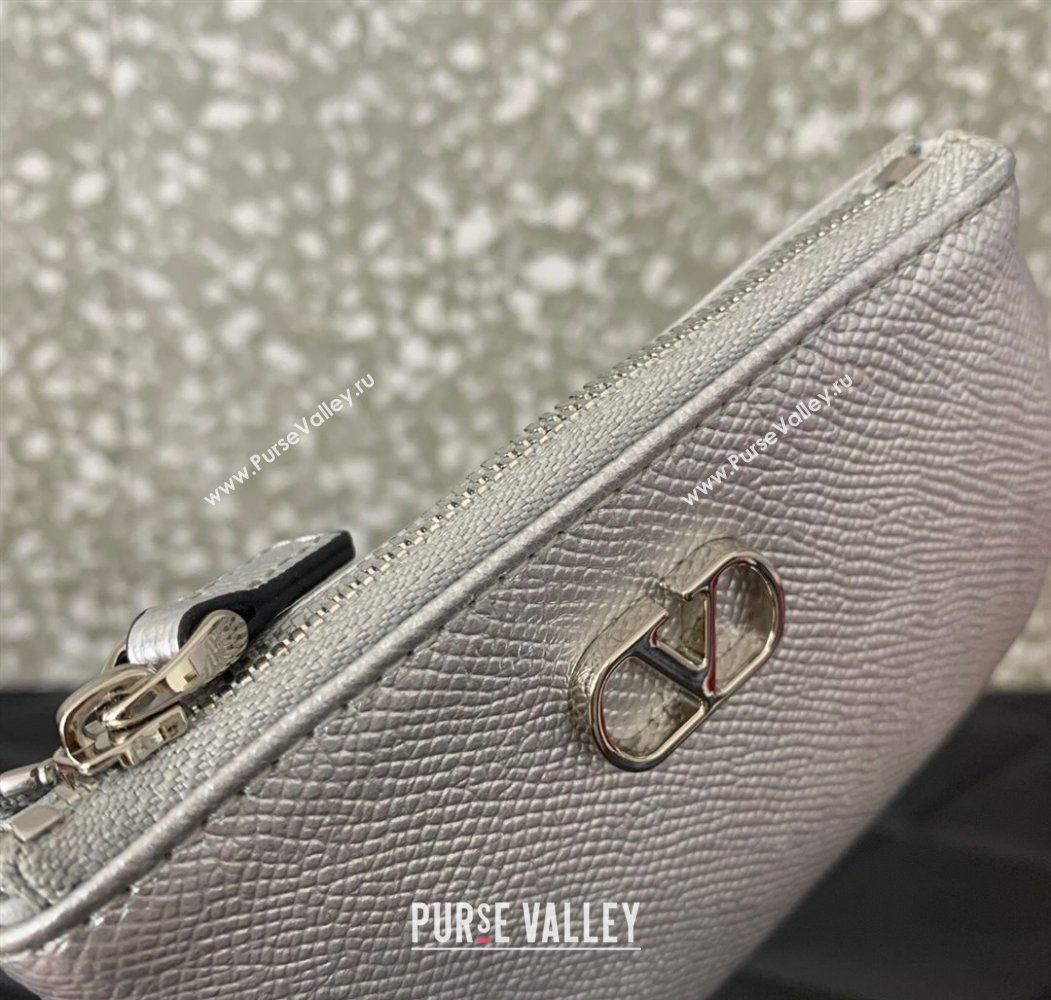 Valentino Vlogo Signature Grainy Calfskin Key Ring Pouch Silver 2025 VLTN038 (LKF-250805018)