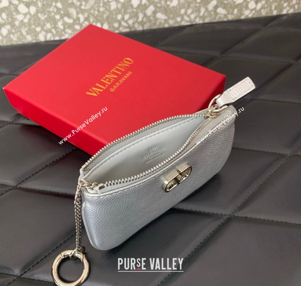 Valentino Vlogo Signature Grainy Calfskin Key Ring Pouch Silver 2025 VLTN038 (LKF-250805018)