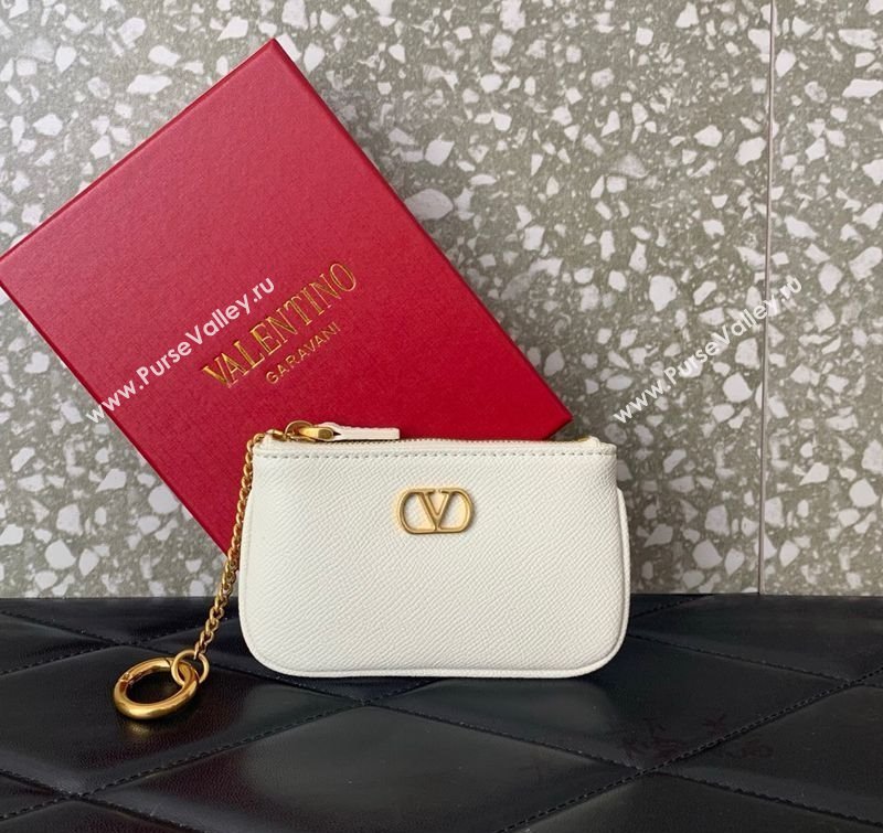 Valentino Vlogo Signature Grainy Calfskin Key Ring Pouch White 2025 VLTN038 (LKF-250805020)