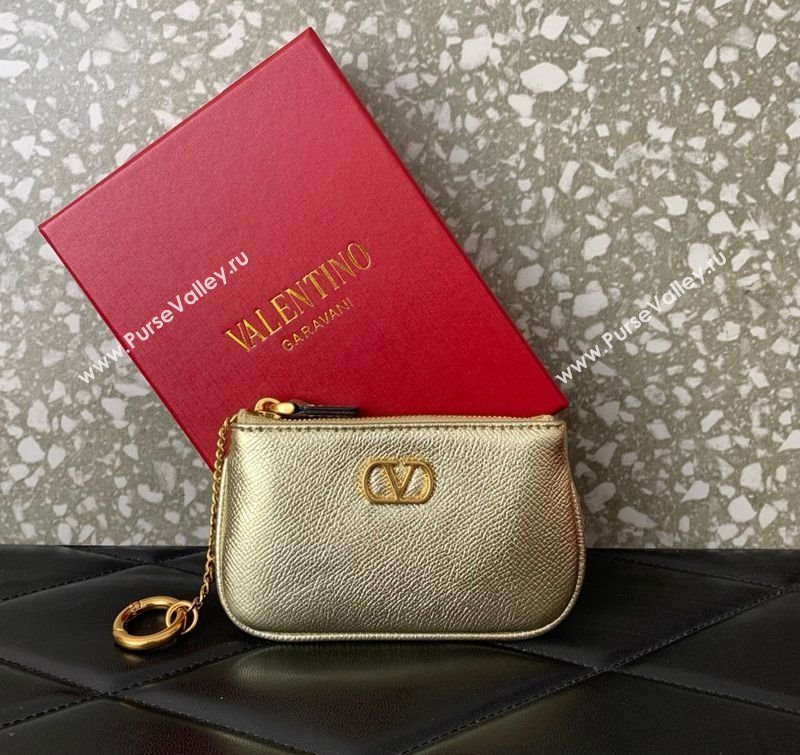 Valentino Vlogo Signature Grainy Calfskin Key Ring Pouch Gold 2025 VLTN038 (LKF-250805021)