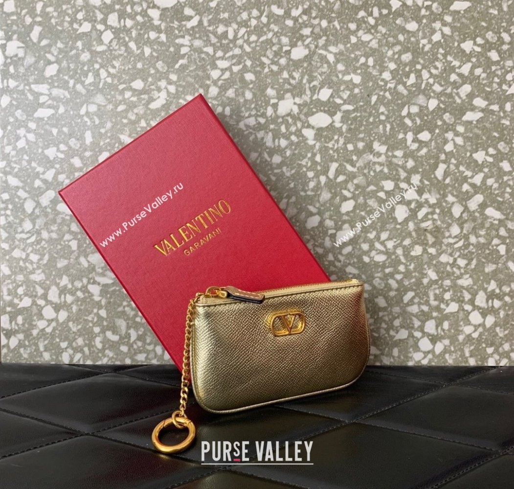 Valentino Vlogo Signature Grainy Calfskin Key Ring Pouch Gold 2025 VLTN038 (LKF-250805021)