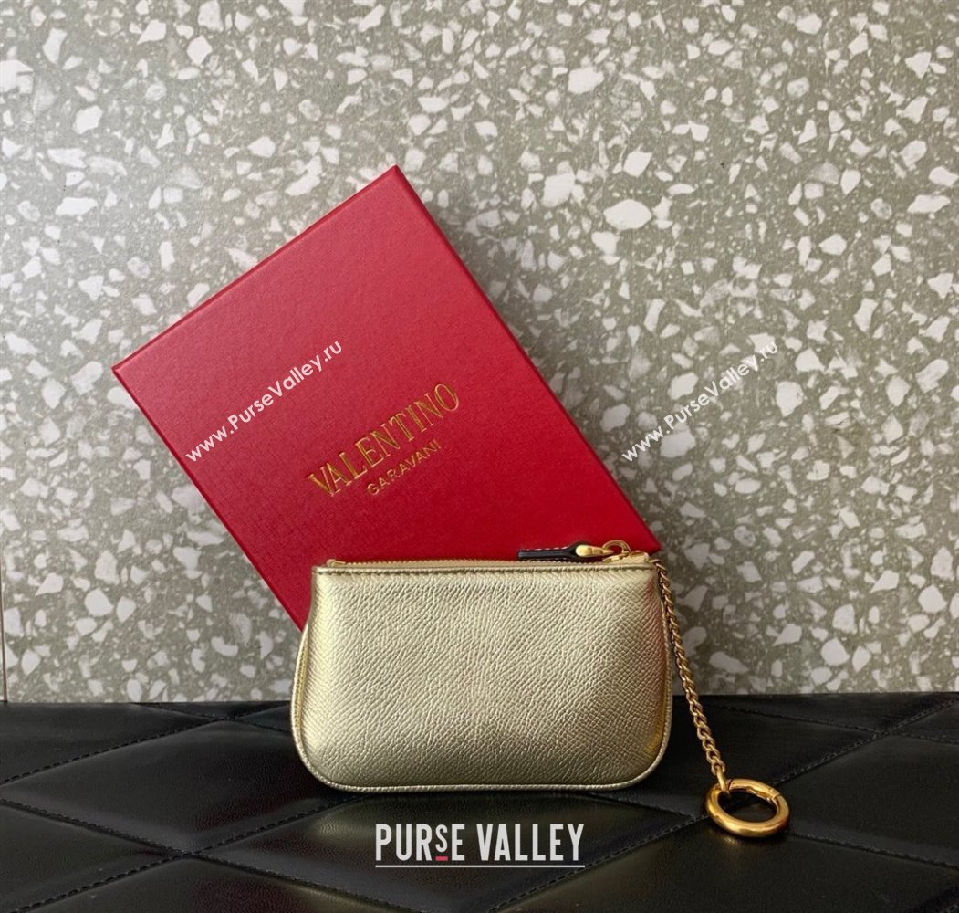 Valentino Vlogo Signature Grainy Calfskin Key Ring Pouch Gold 2025 VLTN038 (LKF-250805021)