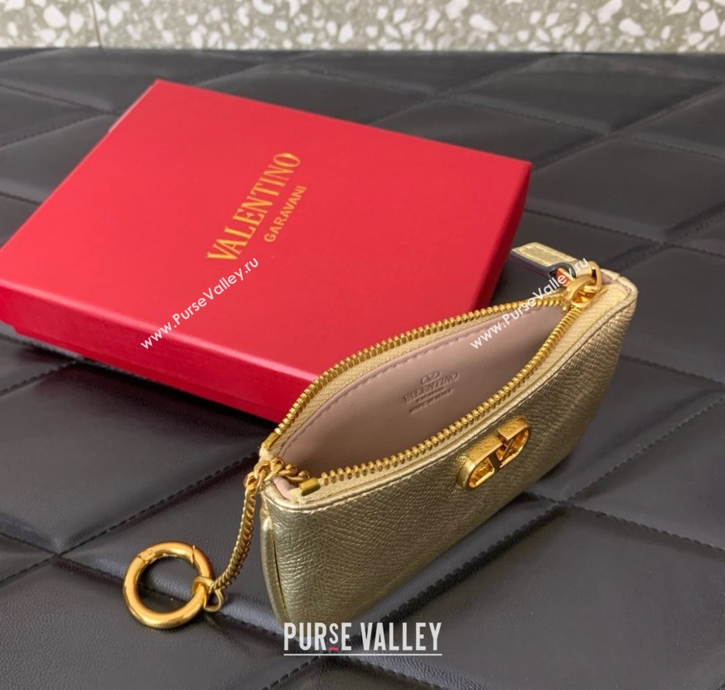 Valentino Vlogo Signature Grainy Calfskin Key Ring Pouch Gold 2025 VLTN038 (LKF-250805021)