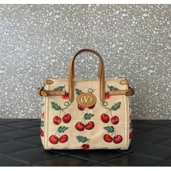 Valentino Antibes small shopping bag in jacquard raffia starw with Cherryfic motif Beige 2025 6220S (LKF-250805001)