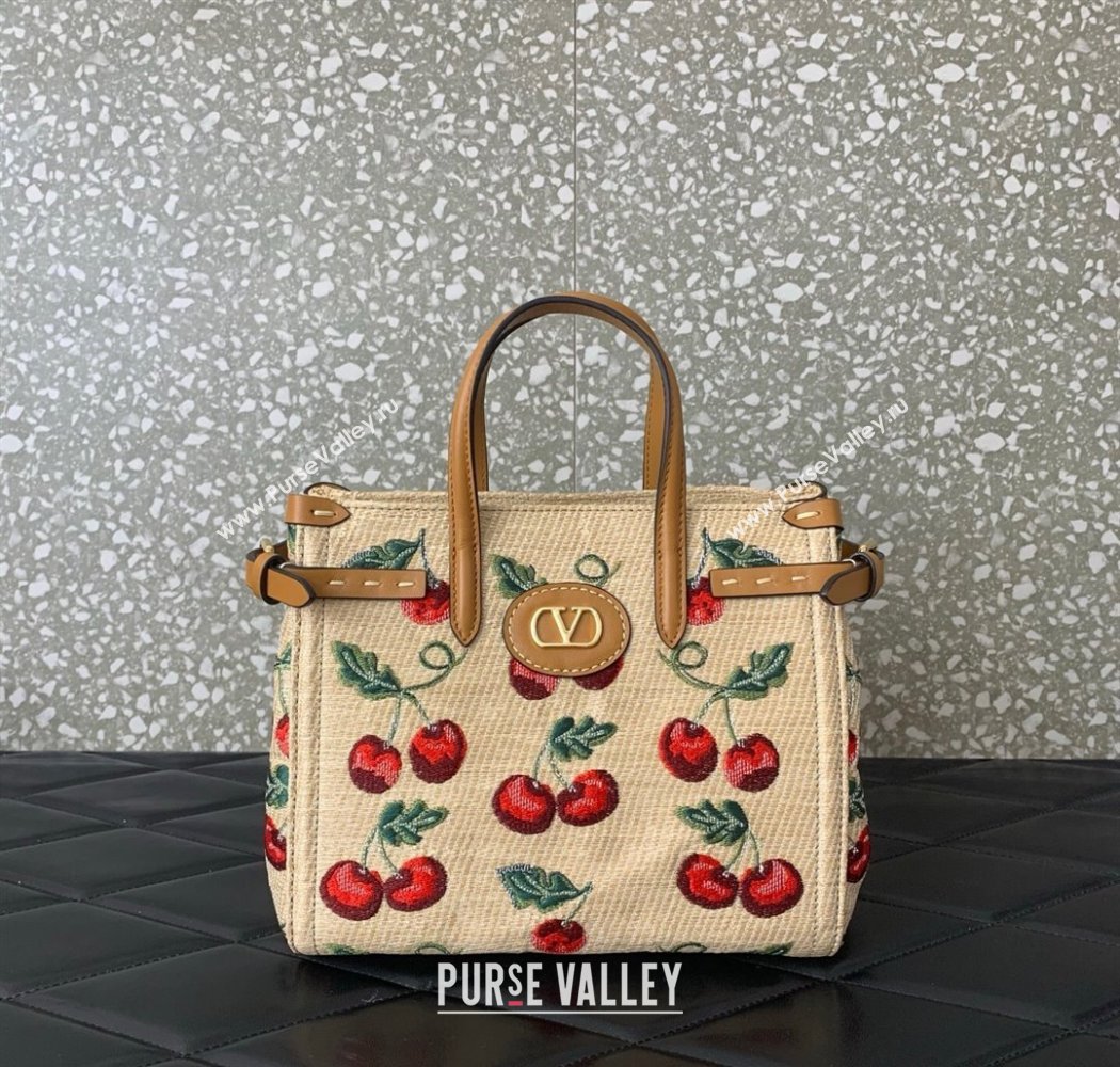 Valentino Antibes small shopping bag in jacquard raffia starw with Cherryfic motif Beige 2025 6220S (LKF-250805001)