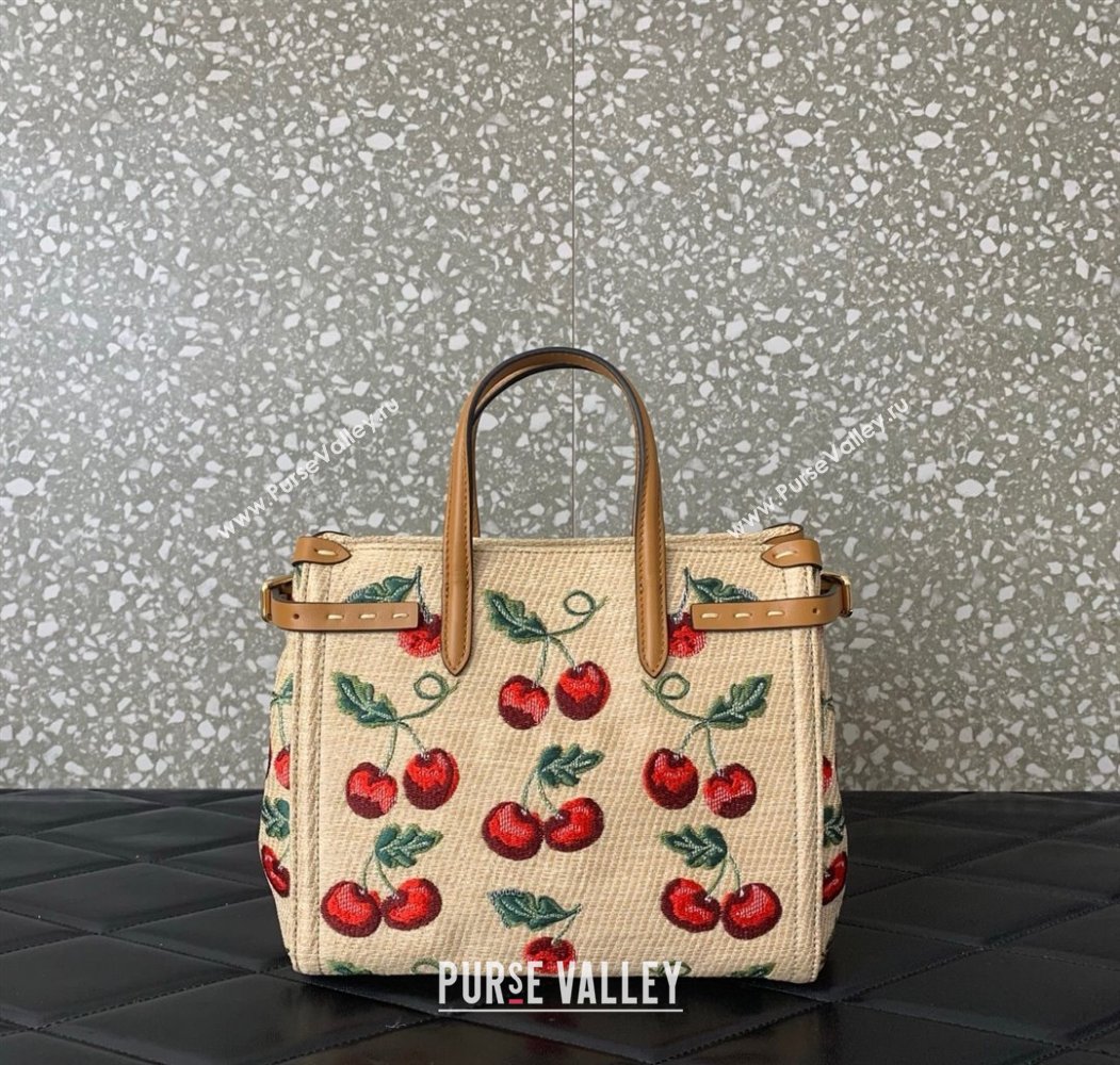 Valentino Antibes small shopping bag in jacquard raffia starw with Cherryfic motif Beige 2025 6220S (LKF-250805001)