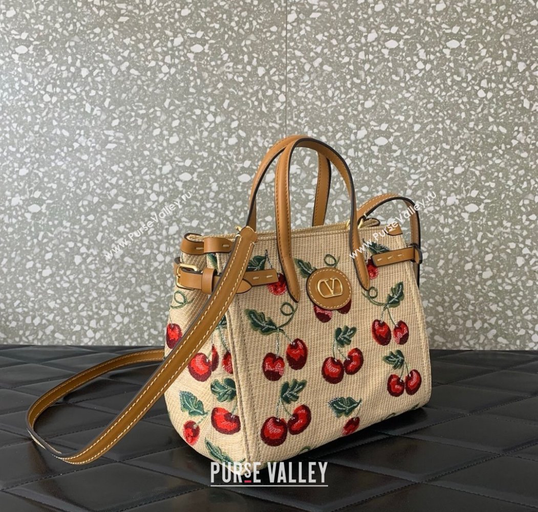 Valentino Antibes small shopping bag in jacquard raffia starw with Cherryfic motif Beige 2025 6220S (LKF-250805001)