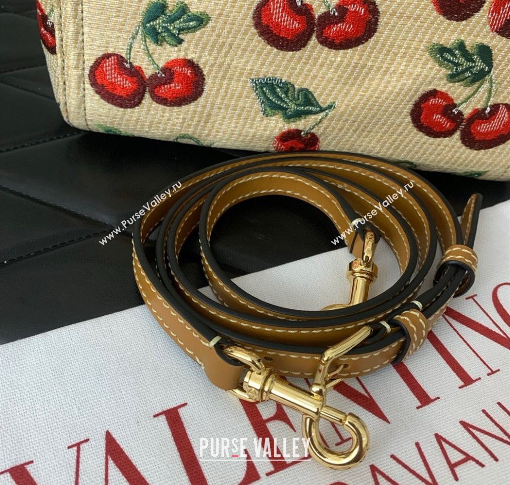 Valentino Antibes small shopping bag in jacquard raffia starw with Cherryfic motif Beige 2025 6220S (LKF-250805001)