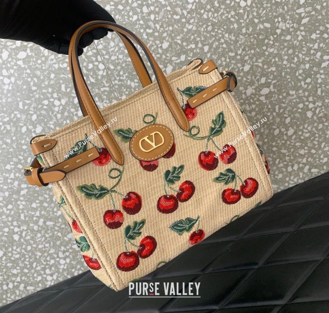 Valentino Antibes small shopping bag in jacquard raffia starw with Cherryfic motif Beige 2025 6220S (LKF-250805001)