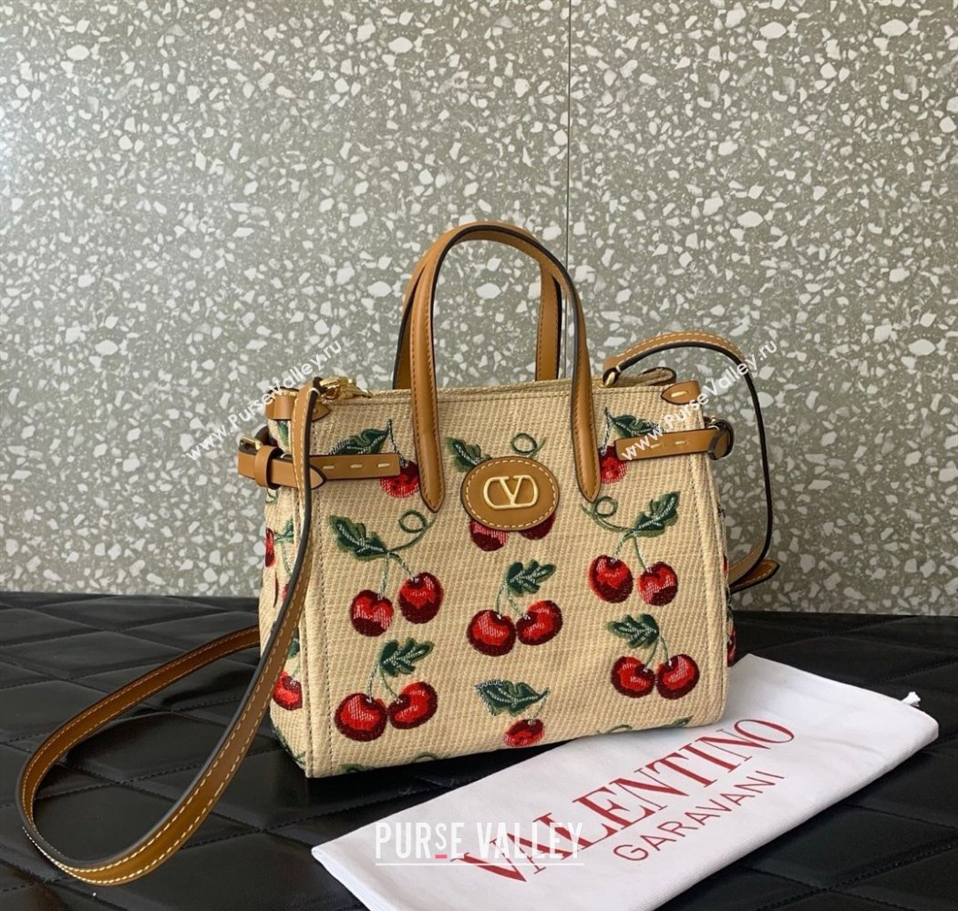 Valentino Antibes small shopping bag in jacquard raffia starw with Cherryfic motif Beige 2025 6220S (LKF-250805001)