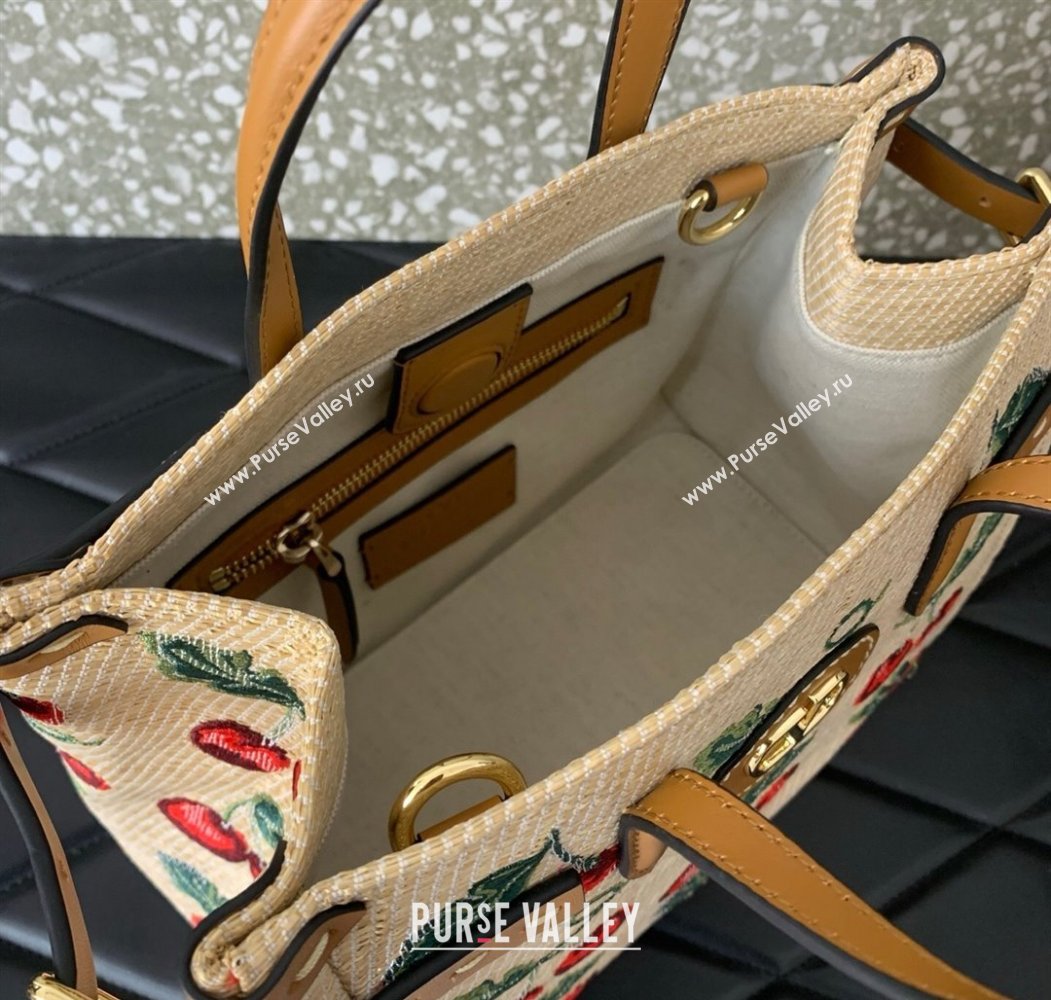 Valentino Antibes small shopping bag in jacquard raffia starw with Cherryfic motif Beige 2025 6220S (LKF-250805001)