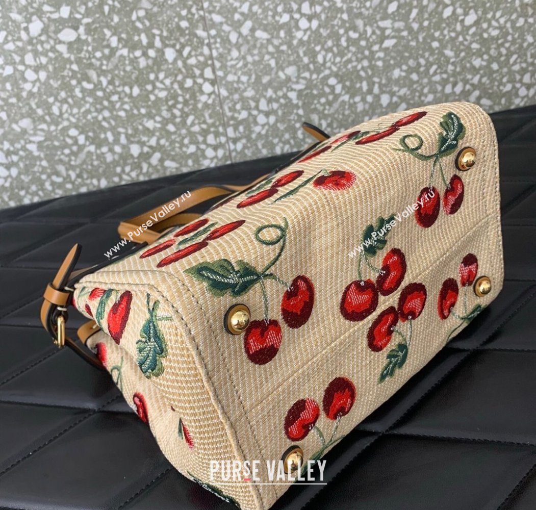 Valentino Antibes small shopping bag in jacquard raffia starw with Cherryfic motif Beige 2025 6220S (LKF-250805001)