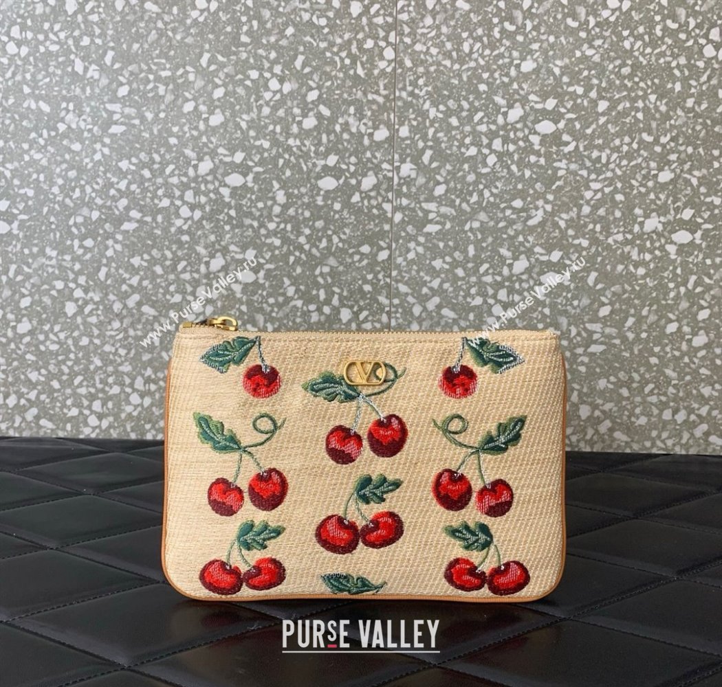 Valentino Vlogo Signature Pouch in jacquard raffia starw with Cherryfic motif Beige 2025 VLTN036 (LKF-250805003)