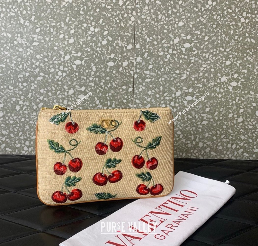 Valentino Vlogo Signature Pouch in jacquard raffia starw with Cherryfic motif Beige 2025 VLTN036 (LKF-250805003)