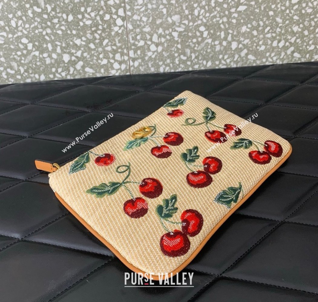 Valentino Vlogo Signature Pouch in jacquard raffia starw with Cherryfic motif Beige 2025 VLTN036 (LKF-250805003)