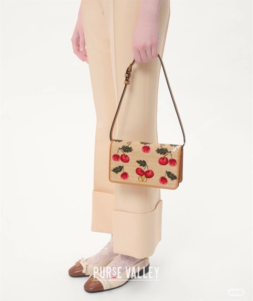 Valentino Vlogo Signature mini shoulder bag in jacquard raffia starw with Cherryfic motif Beige 2025 2089 (LKF-250805004)