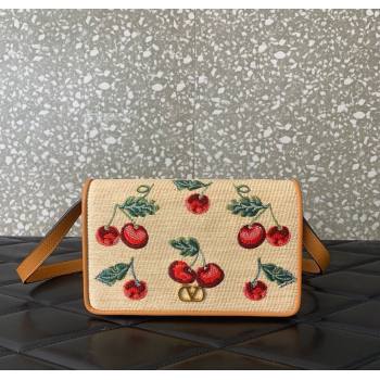 Valentino Vlogo Signature mini shoulder bag in jacquard raffia starw with Cherryfic motif Beige 2025 2089 (LKF-250805004)