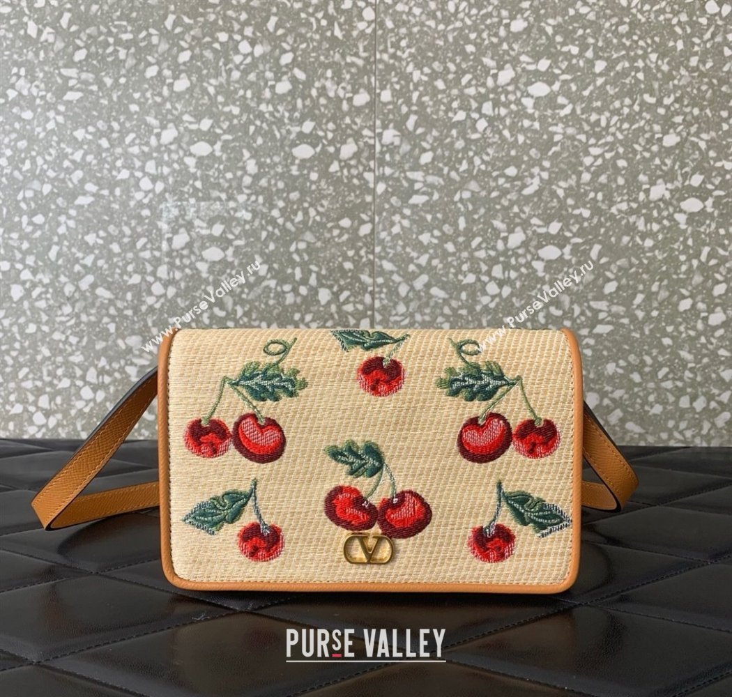 Valentino Vlogo Signature mini shoulder bag in jacquard raffia starw with Cherryfic motif Beige 2025 2089 (LKF-250805004)