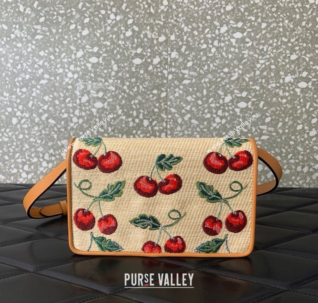 Valentino Vlogo Signature mini shoulder bag in jacquard raffia starw with Cherryfic motif Beige 2025 2089 (LKF-250805004)
