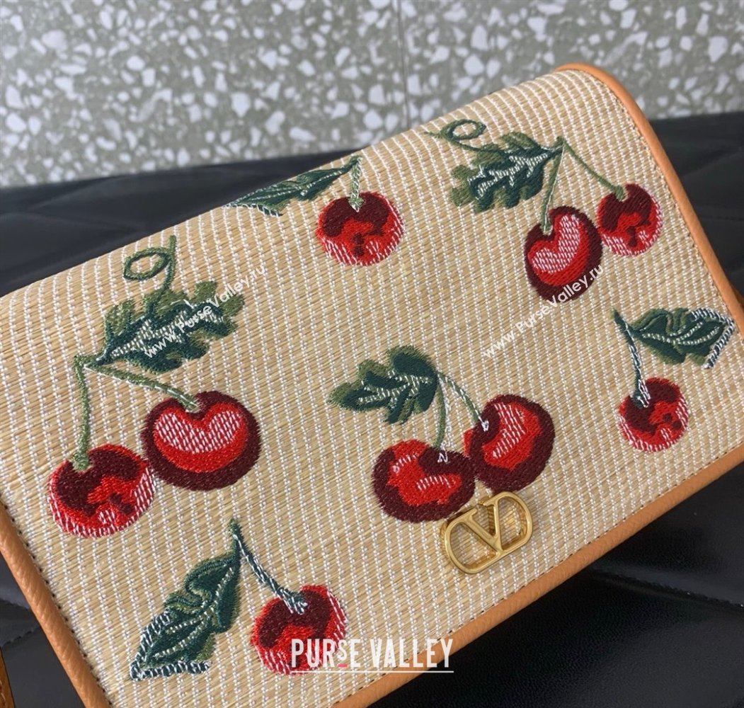 Valentino Vlogo Signature mini shoulder bag in jacquard raffia starw with Cherryfic motif Beige 2025 2089 (LKF-250805004)