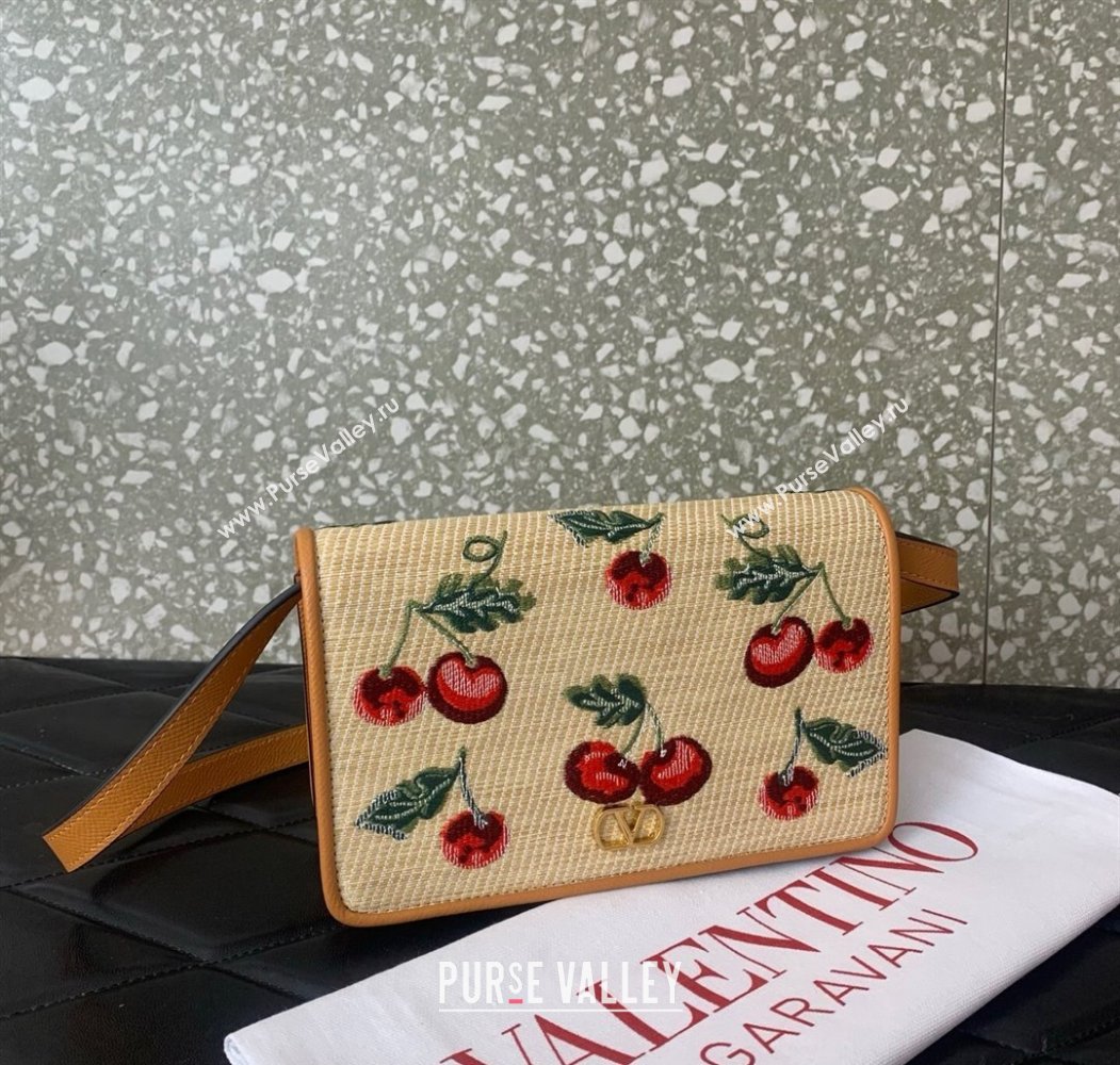Valentino Vlogo Signature mini shoulder bag in jacquard raffia starw with Cherryfic motif Beige 2025 2089 (LKF-250805004)
