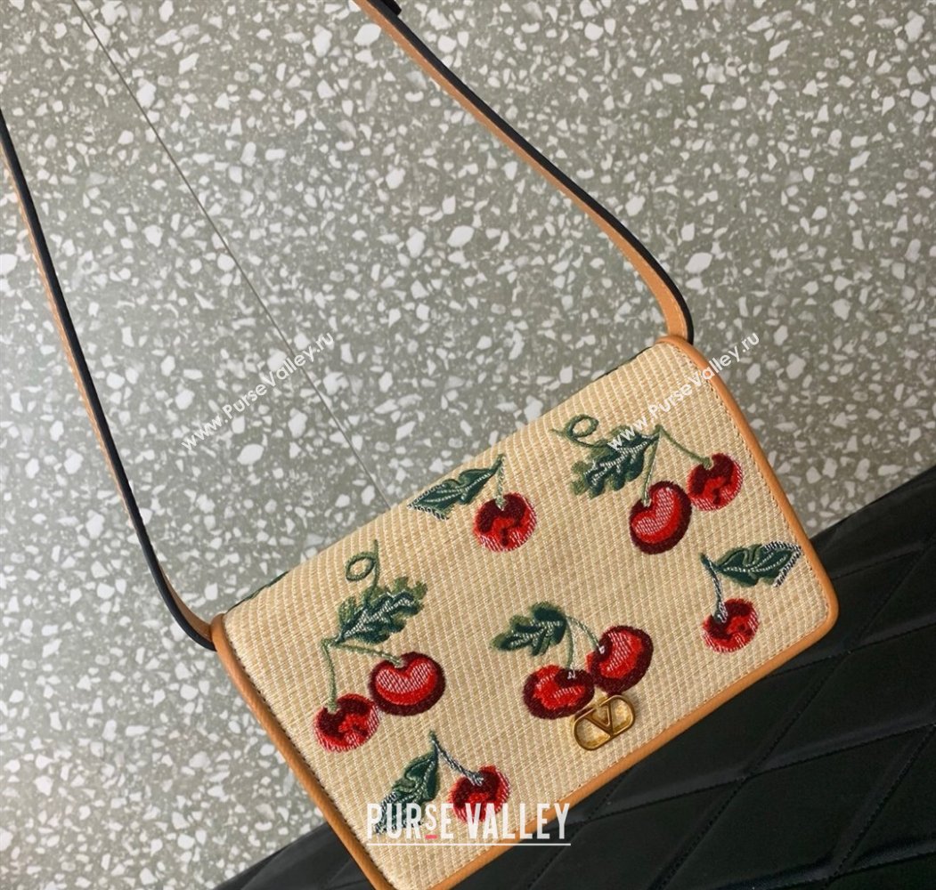 Valentino Vlogo Signature mini shoulder bag in jacquard raffia starw with Cherryfic motif Beige 2025 2089 (LKF-250805004)