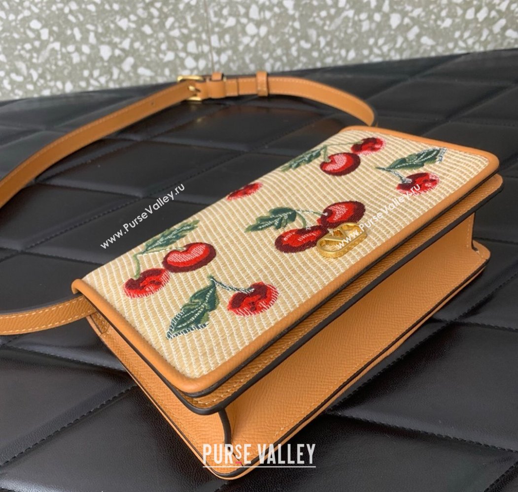 Valentino Vlogo Signature mini shoulder bag in jacquard raffia starw with Cherryfic motif Beige 2025 2089 (LKF-250805004)