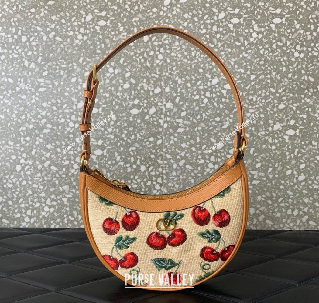 Valentino VLogo Signature mini hobo bag in jacquard raffia starw with Cherryfic motif Beige 2025 6203 (LKF-250805005)